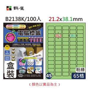 #045 B2138K 三用電腦標籤21.2x38.1mm粉綠(100大張/盒裝)