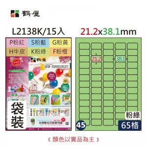 #045 L2138K 三用電腦標籤21.2x38.1mm粉綠(15大張/袋裝)